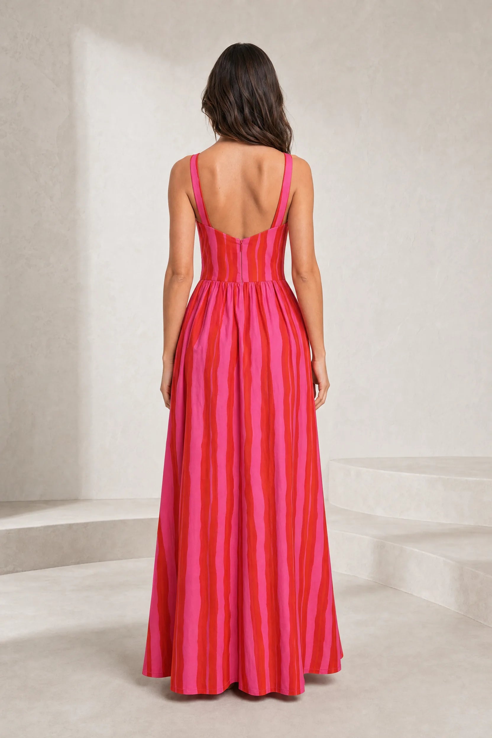 Robe longue rose rayée dos ouvert | Lounelle Paris
