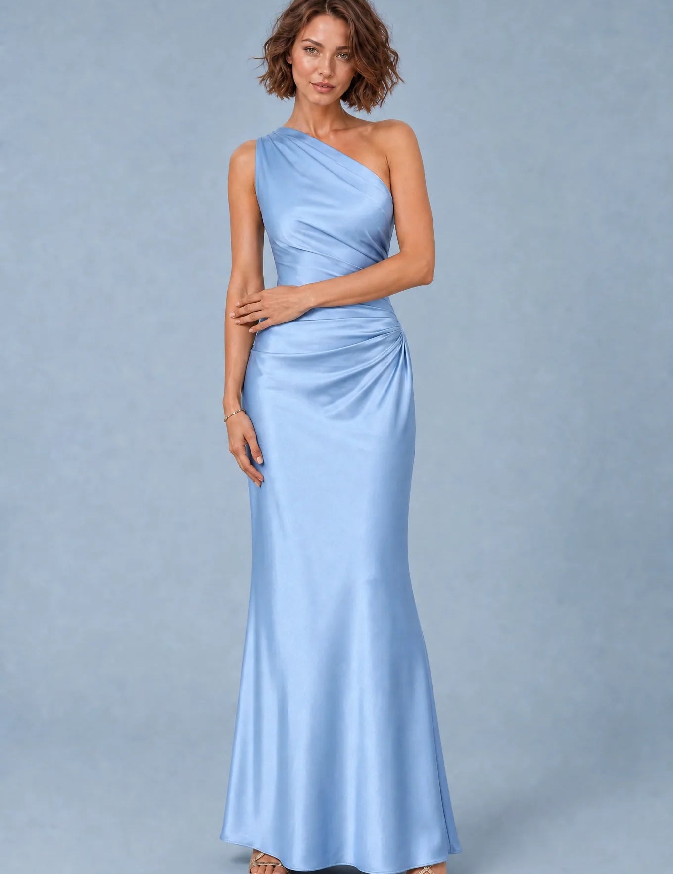 Robe longue satinée à une épaule | Variante Bleu | Lounelle Paris