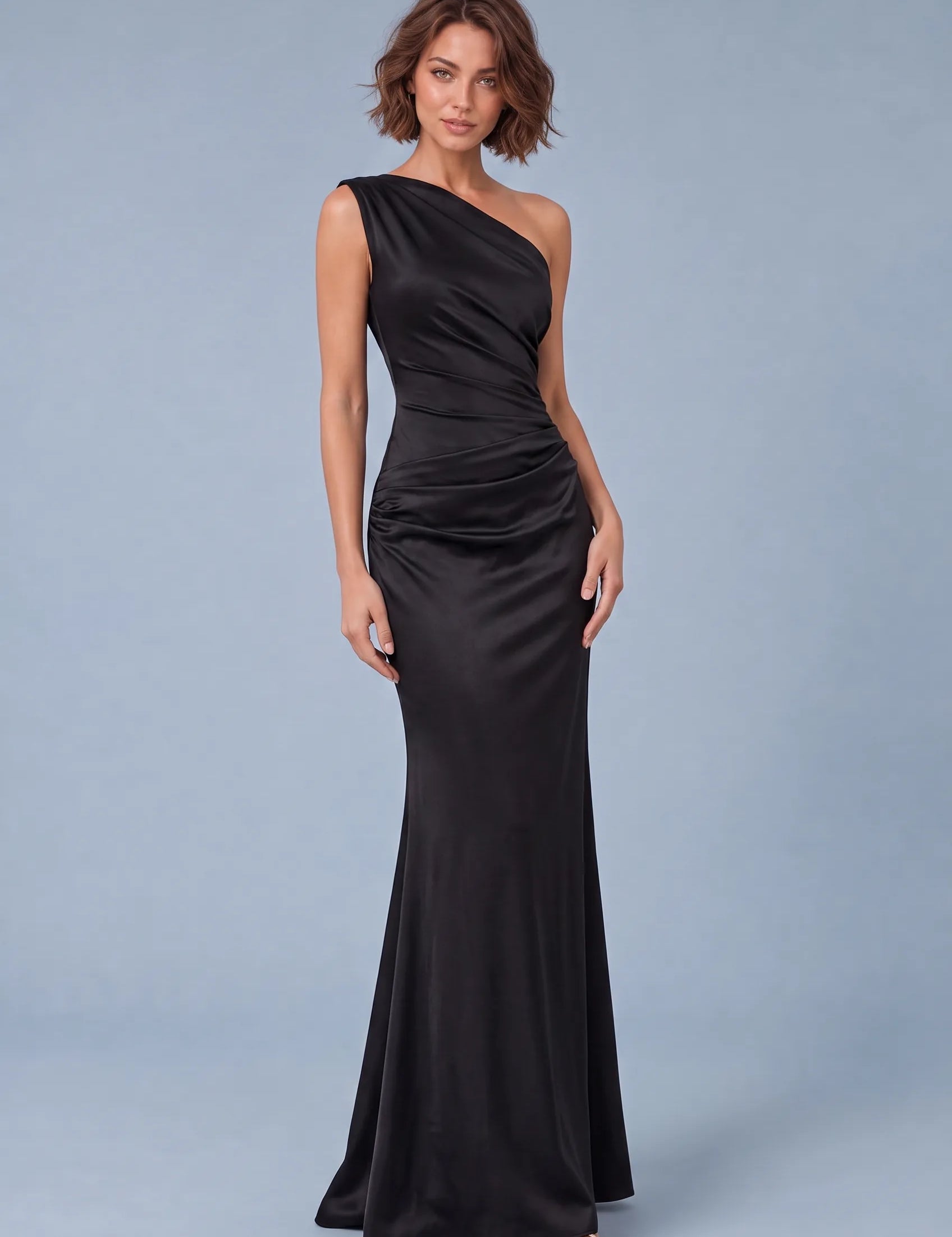 Robe longue satinée à une épaule | Variante Noir | Lounelle Paris
