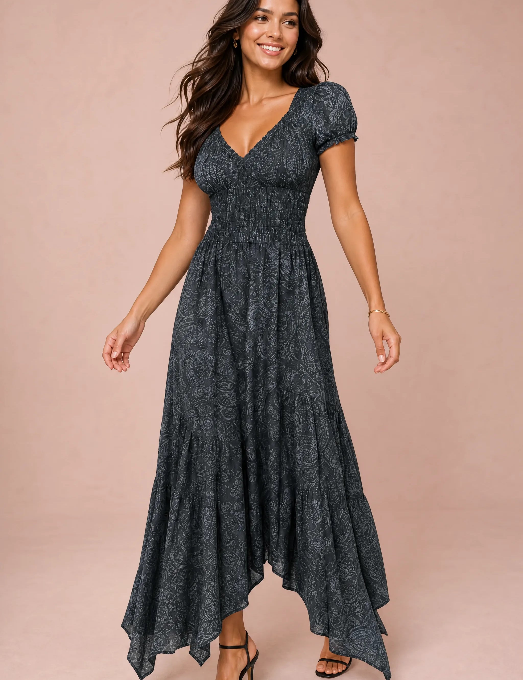 Robe longue smockée à imprimé floral | Vue de face | Lounelle Paris