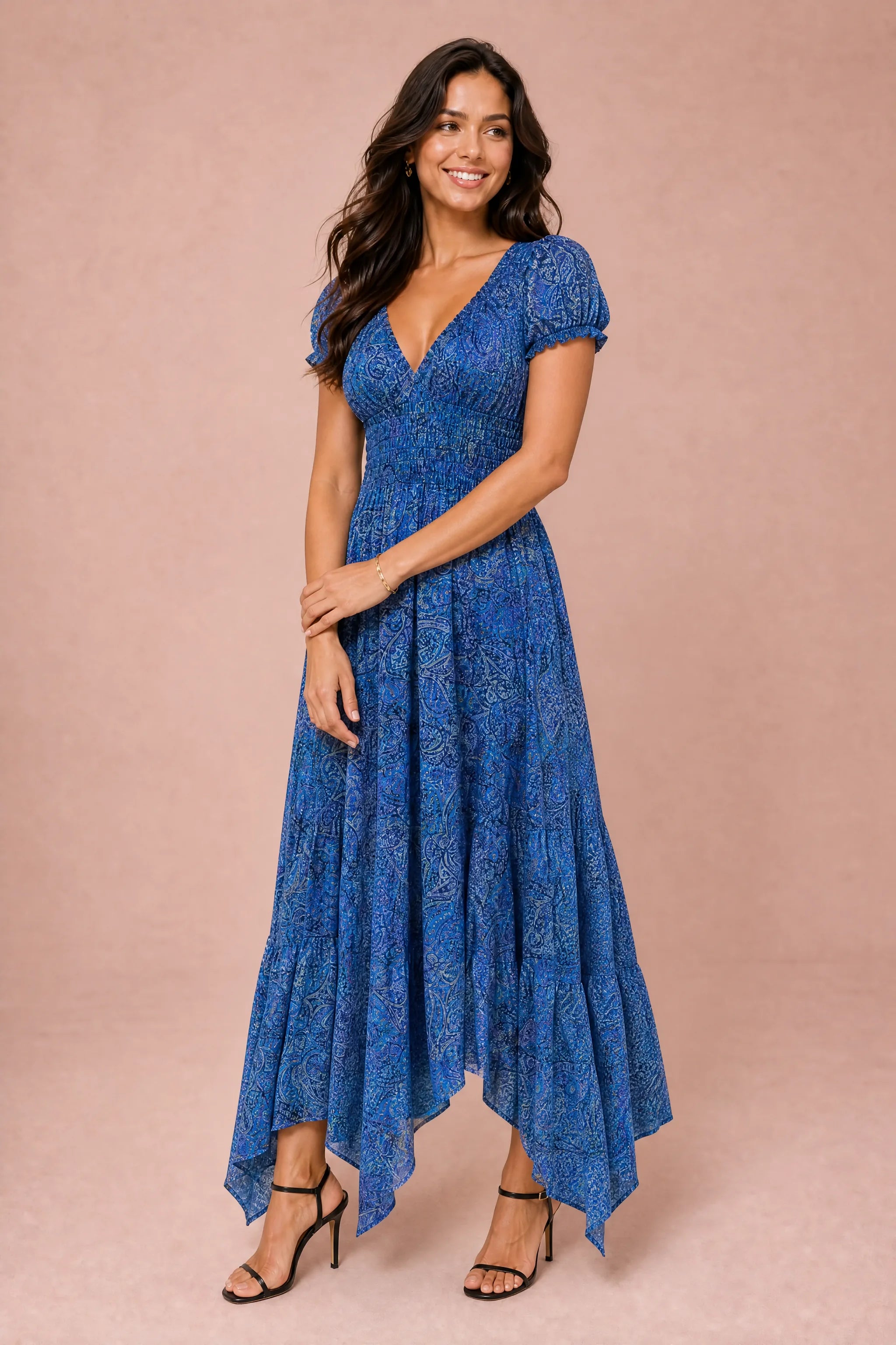 Robe longue smockée à imprimé floral | Variante Bleu | Lounelle Paris