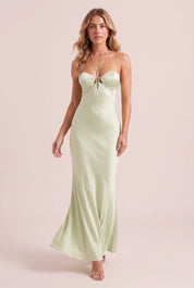 Robe longue vert clair à dos nu | Vue en mouvement | Lounelle Paris