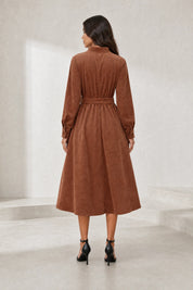 Robe marron col V velours côtelé | Lounelle Paris