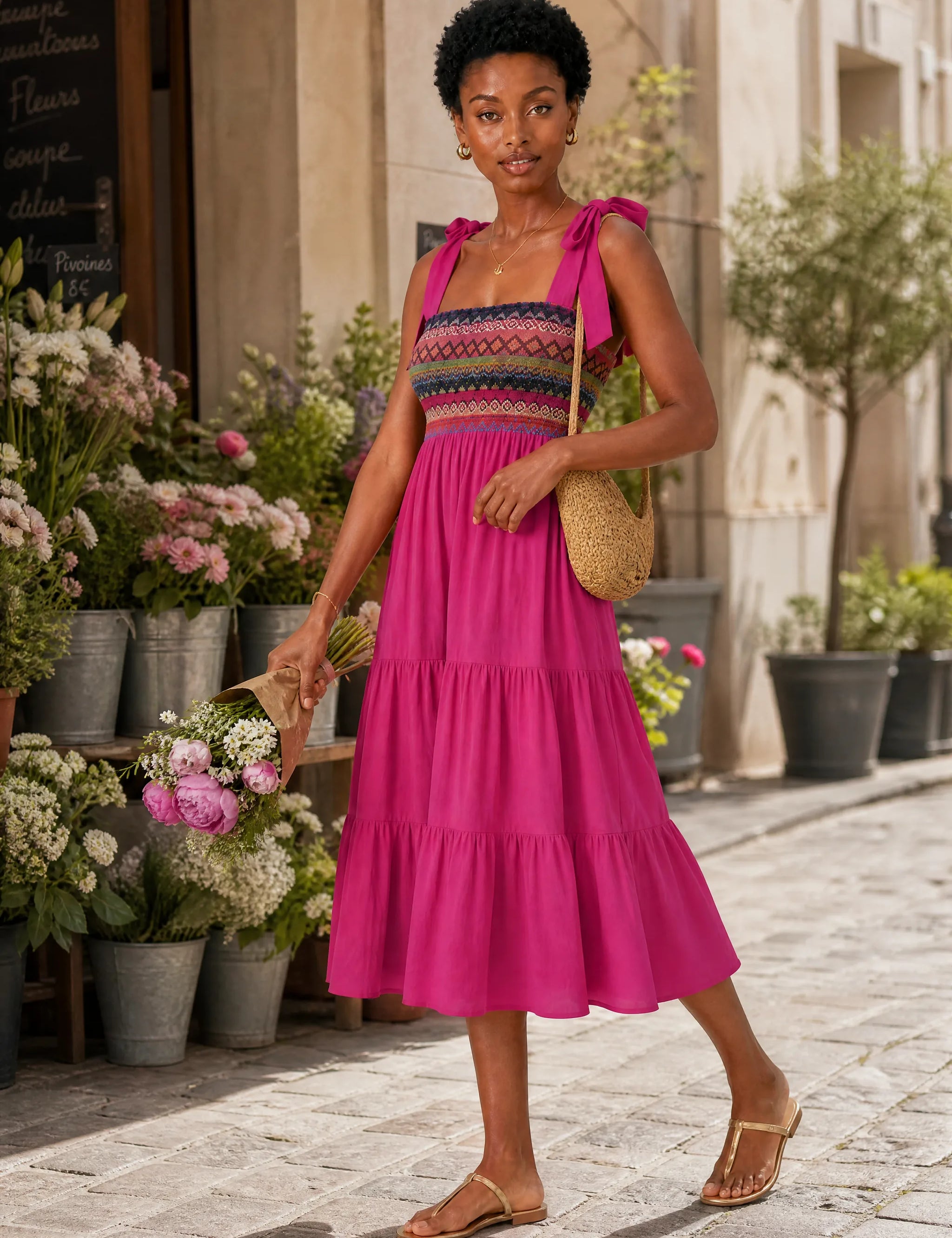 Robe midi à bretelles smockée | Variante Rose - Lifestyle | Lounelle Paris