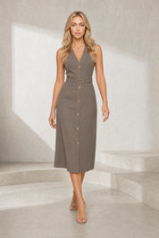 Robe midi col V ceinturée | Lounelle Paris