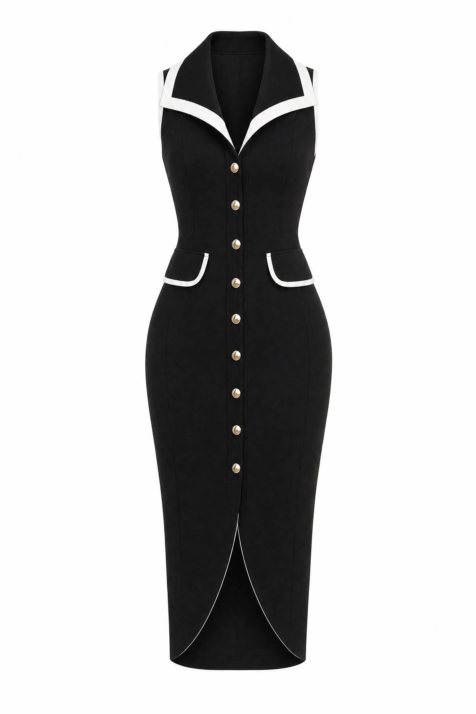 Robe noire col contrasté fendue | Lounelle Paris