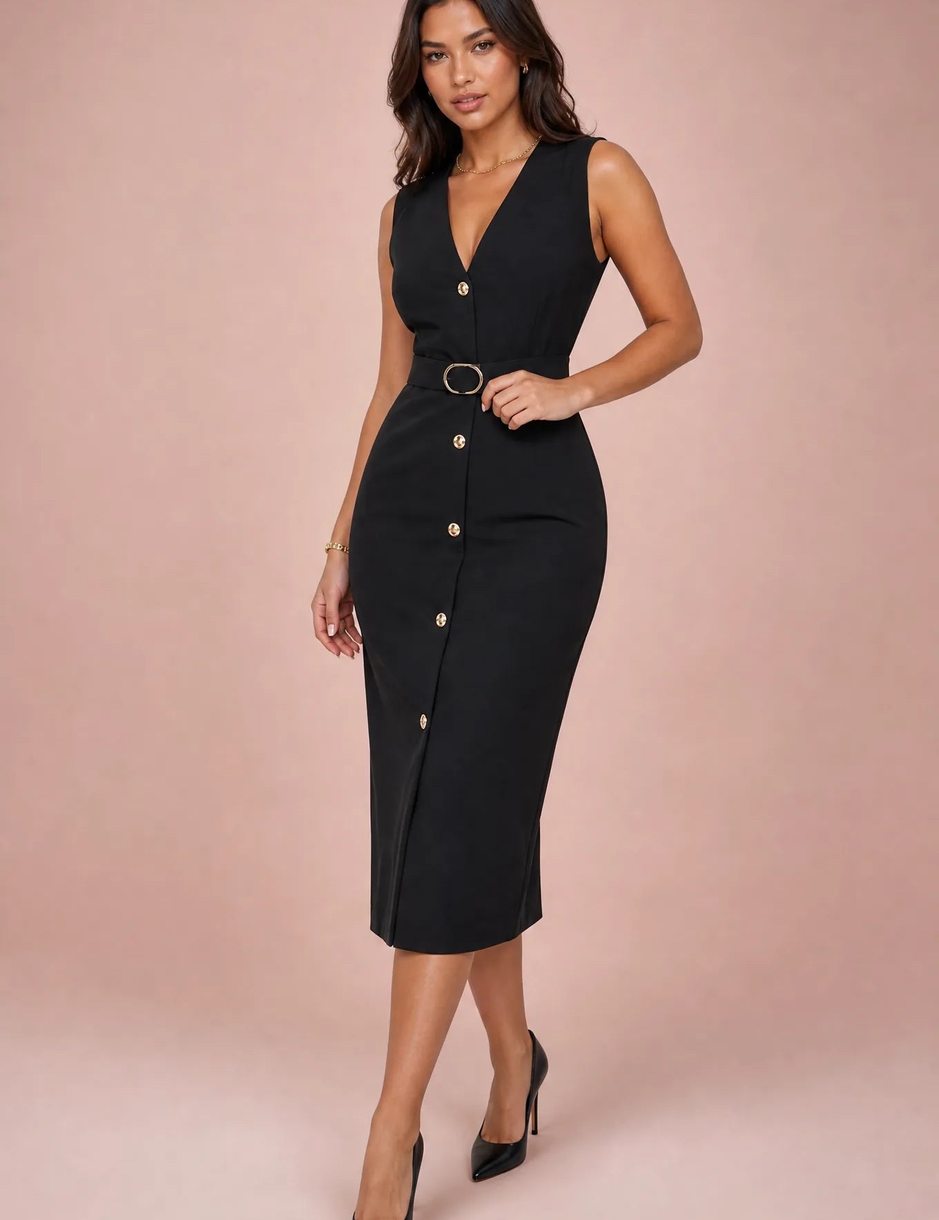 Robe noire col V ceinturée | Vue de face | Lounelle Paris