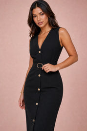 Robe noire col V ceinturée | Vue rapprochée | Lounelle Paris