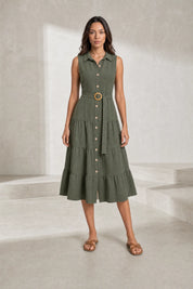Robe vert militaire col chemise ceinturée | Lounelle Paris