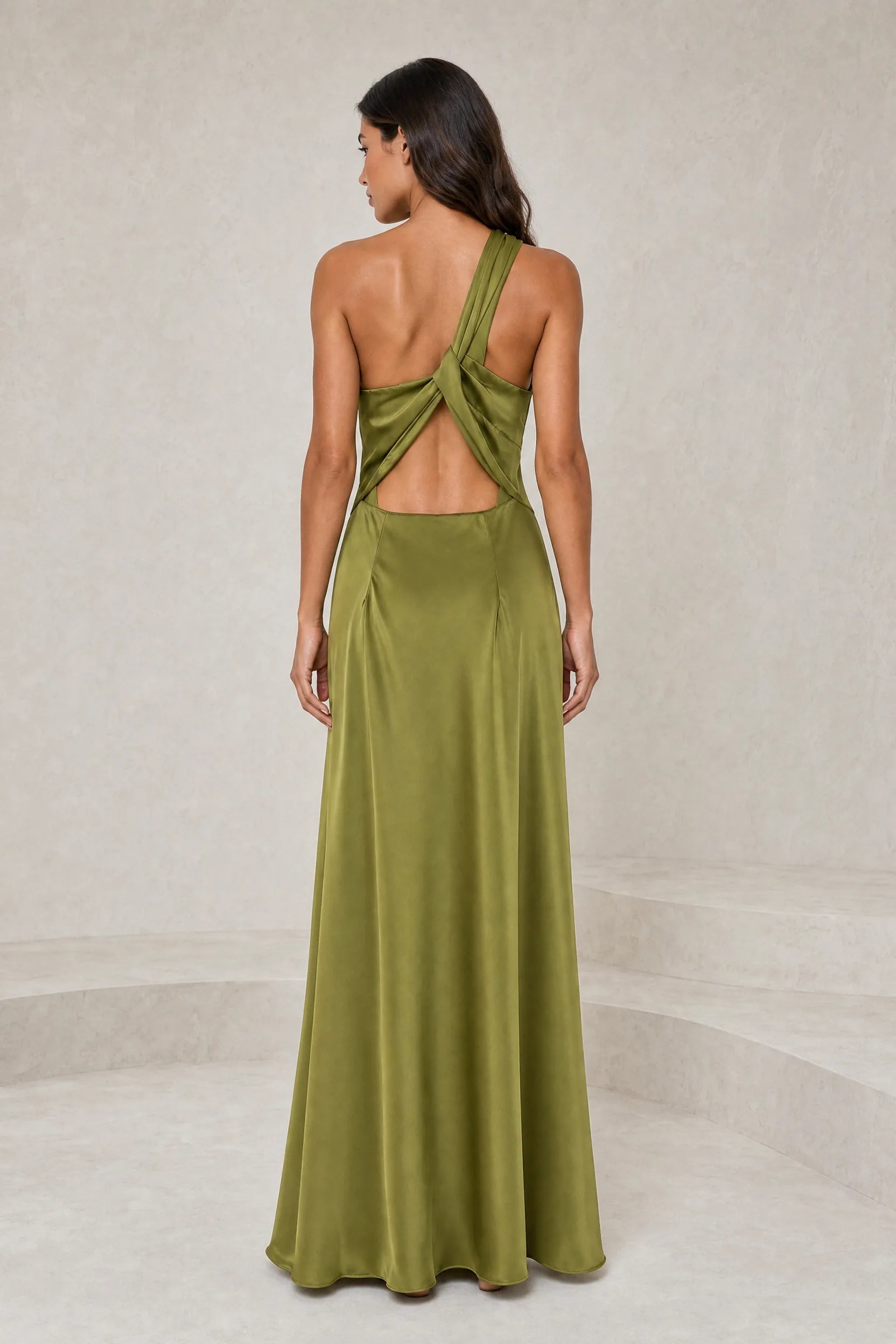 Robe vert olive asymétrique dos nu | Lounelle Paris