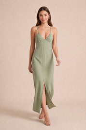 Robe verte longue dos nu | Vue en mouvement | Lounelle Paris