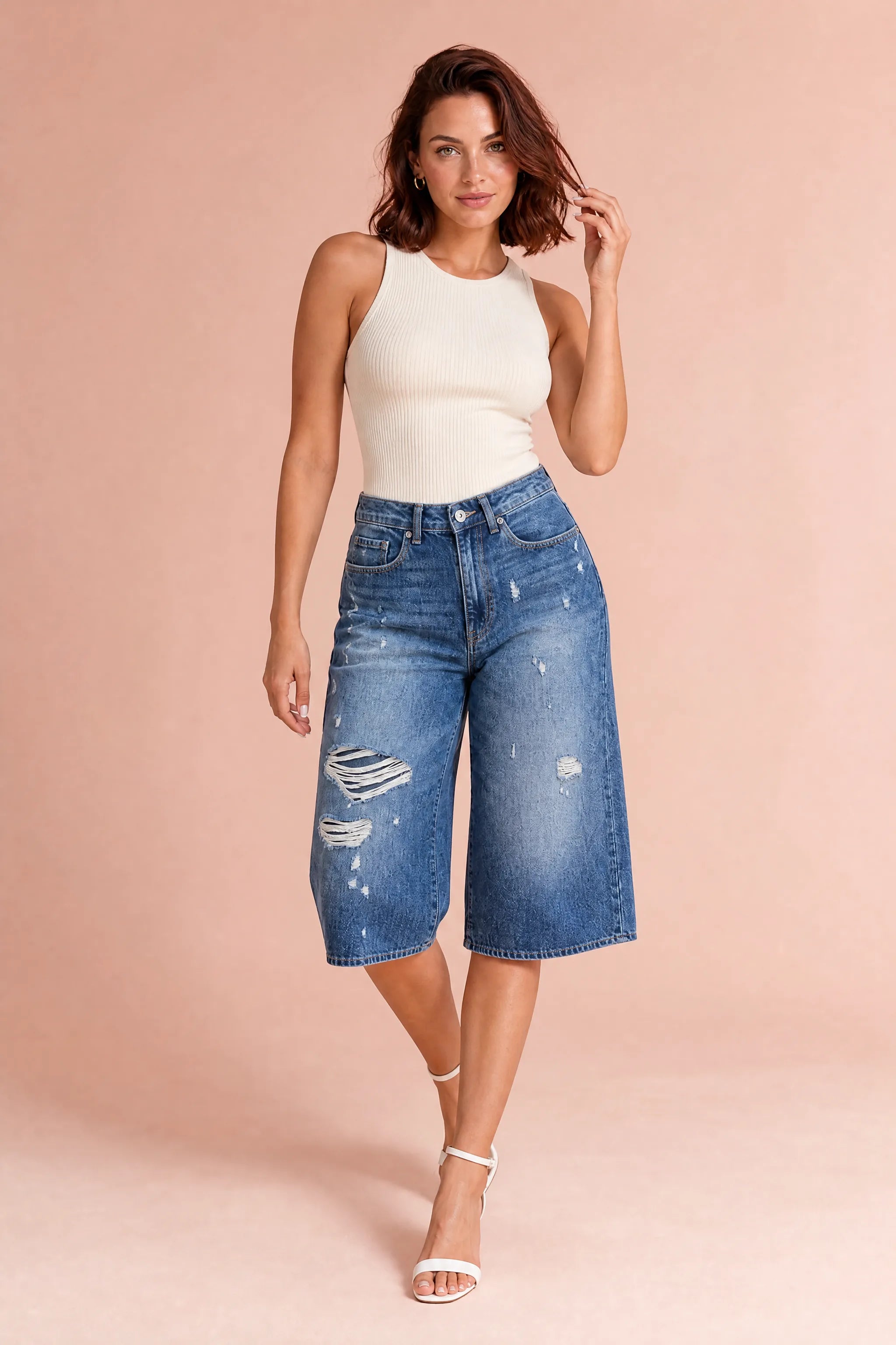 Short en jean large bleu délavé | Vue de face | Lounelle Paris