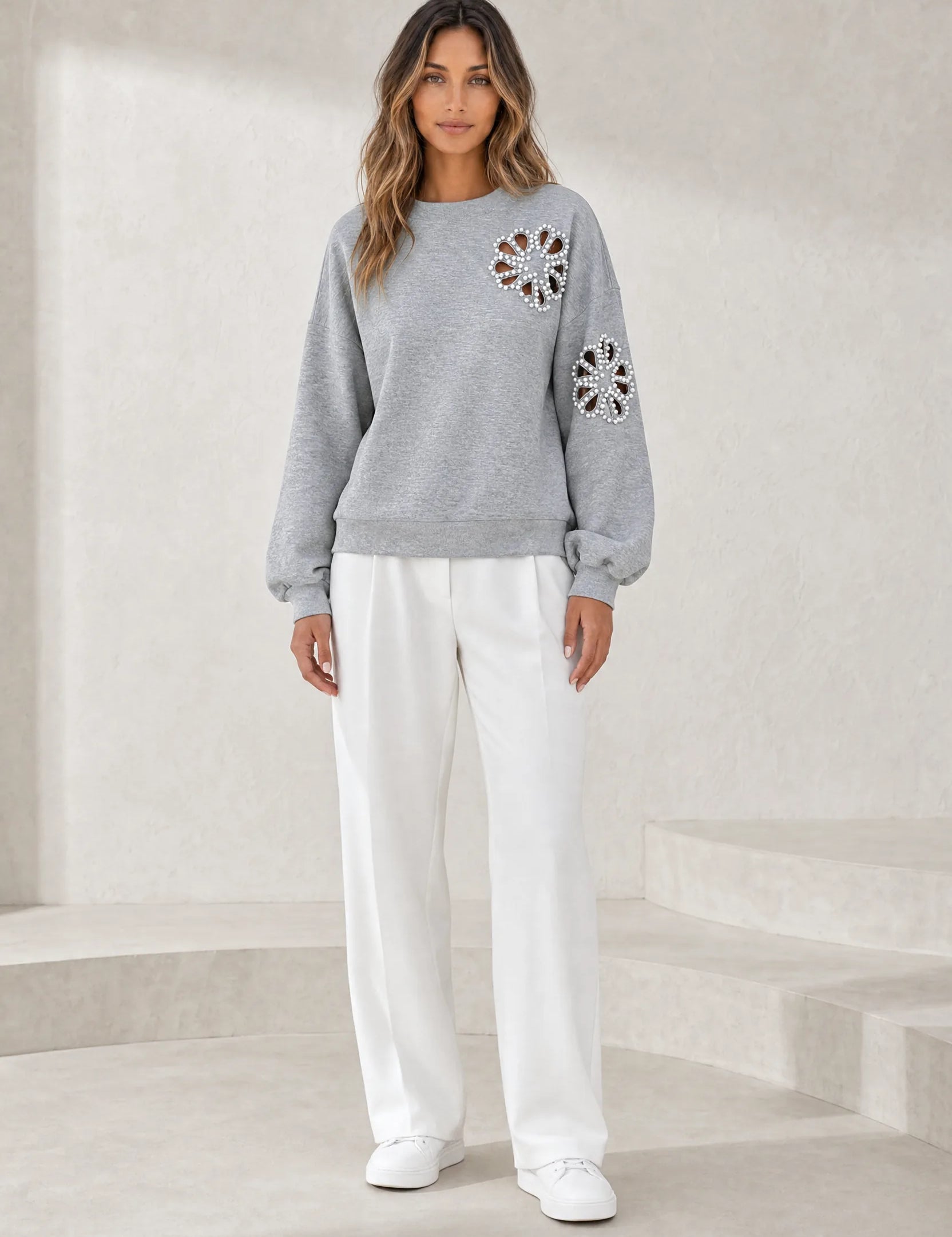 Sweat gris ajouré à perles | Lounelle Paris