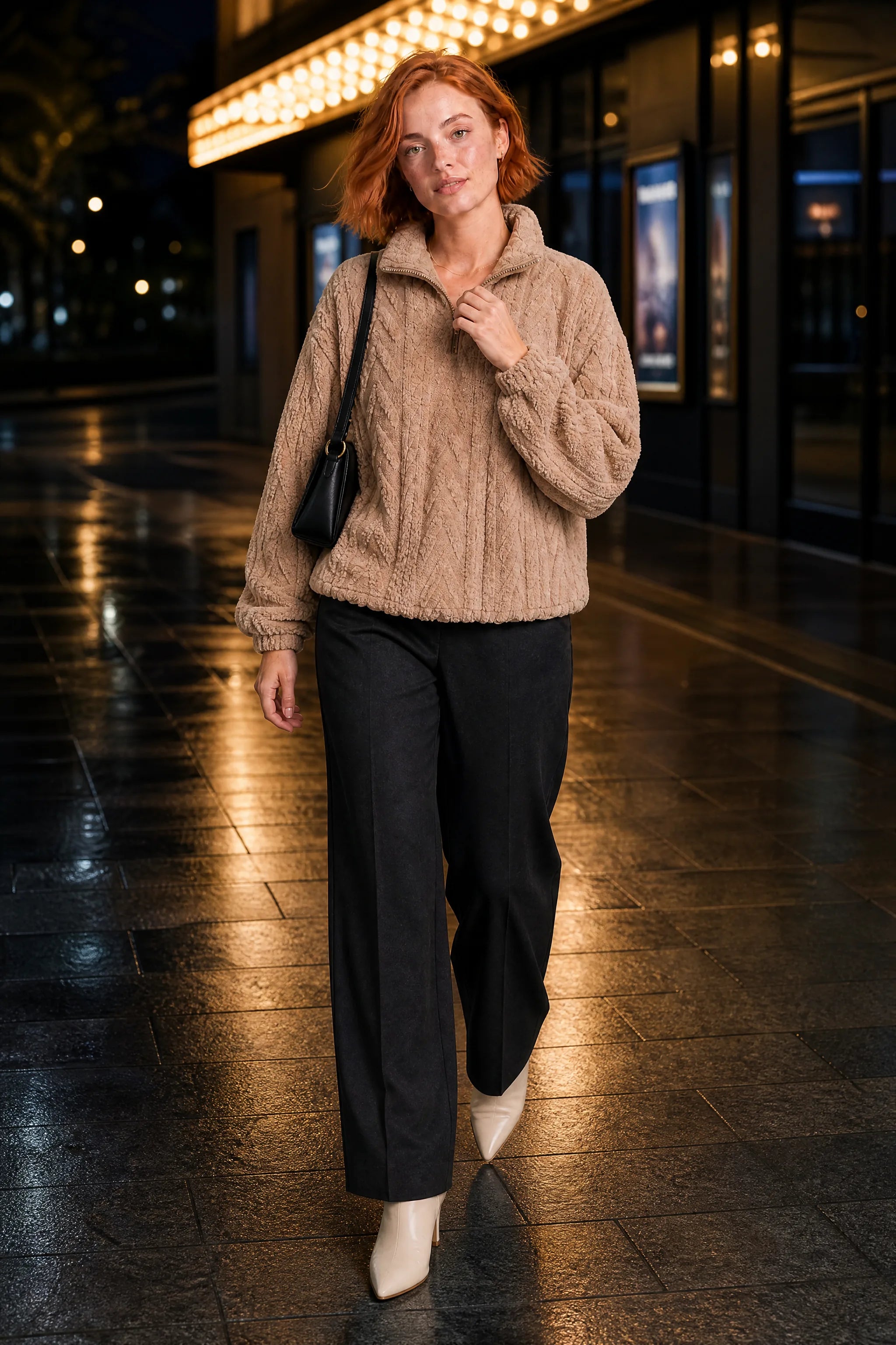 Sweat pelucheux col montant zippé | Variante Beige - Lifestyle | Lounelle Paris