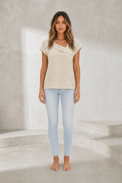 T-shirt beige col asymétrique drapé | Lounelle Paris