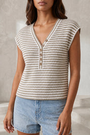 Top maille beige rayé col V | Lounelle Paris