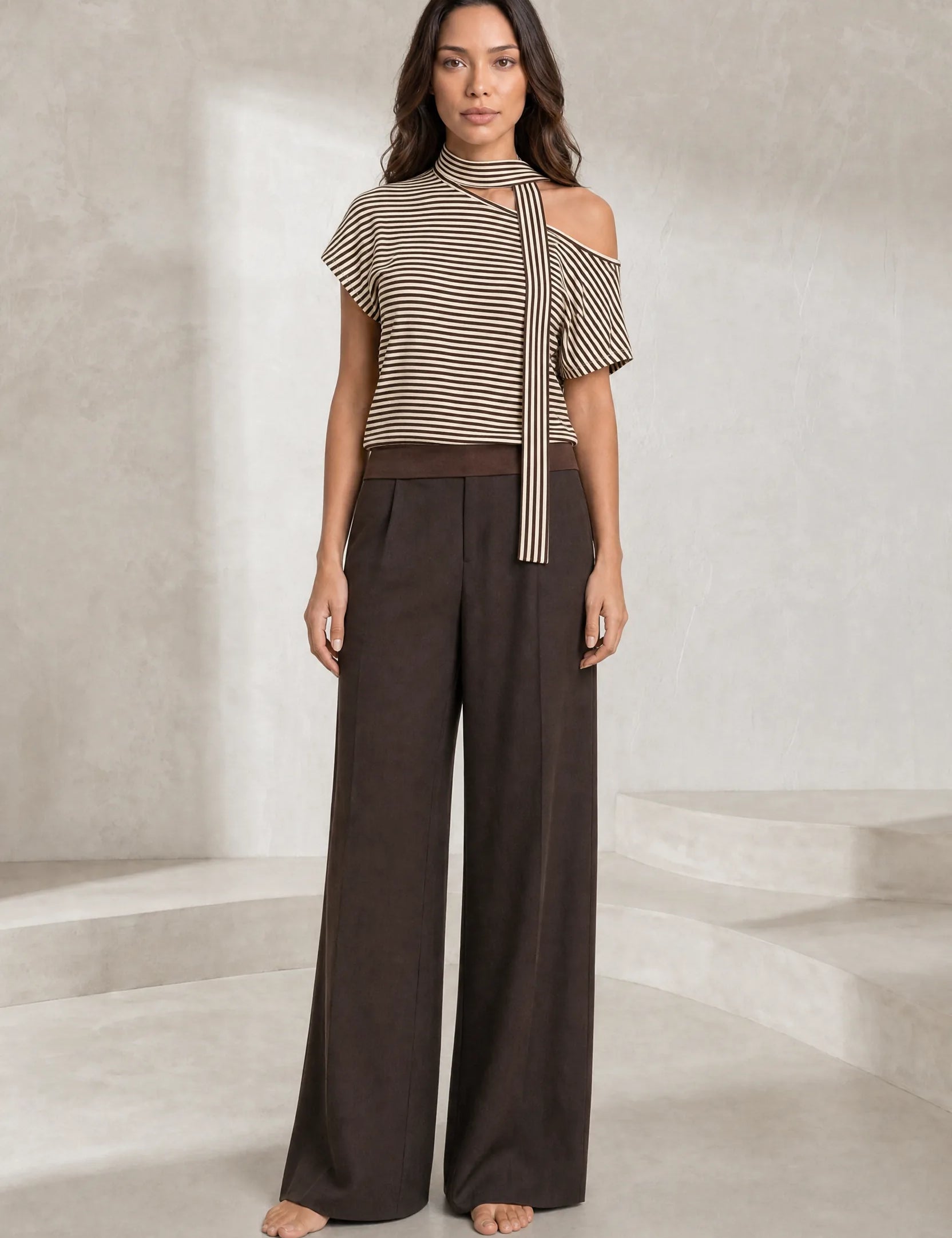 Top marron rayé épaule dénudée | Lounelle Paris