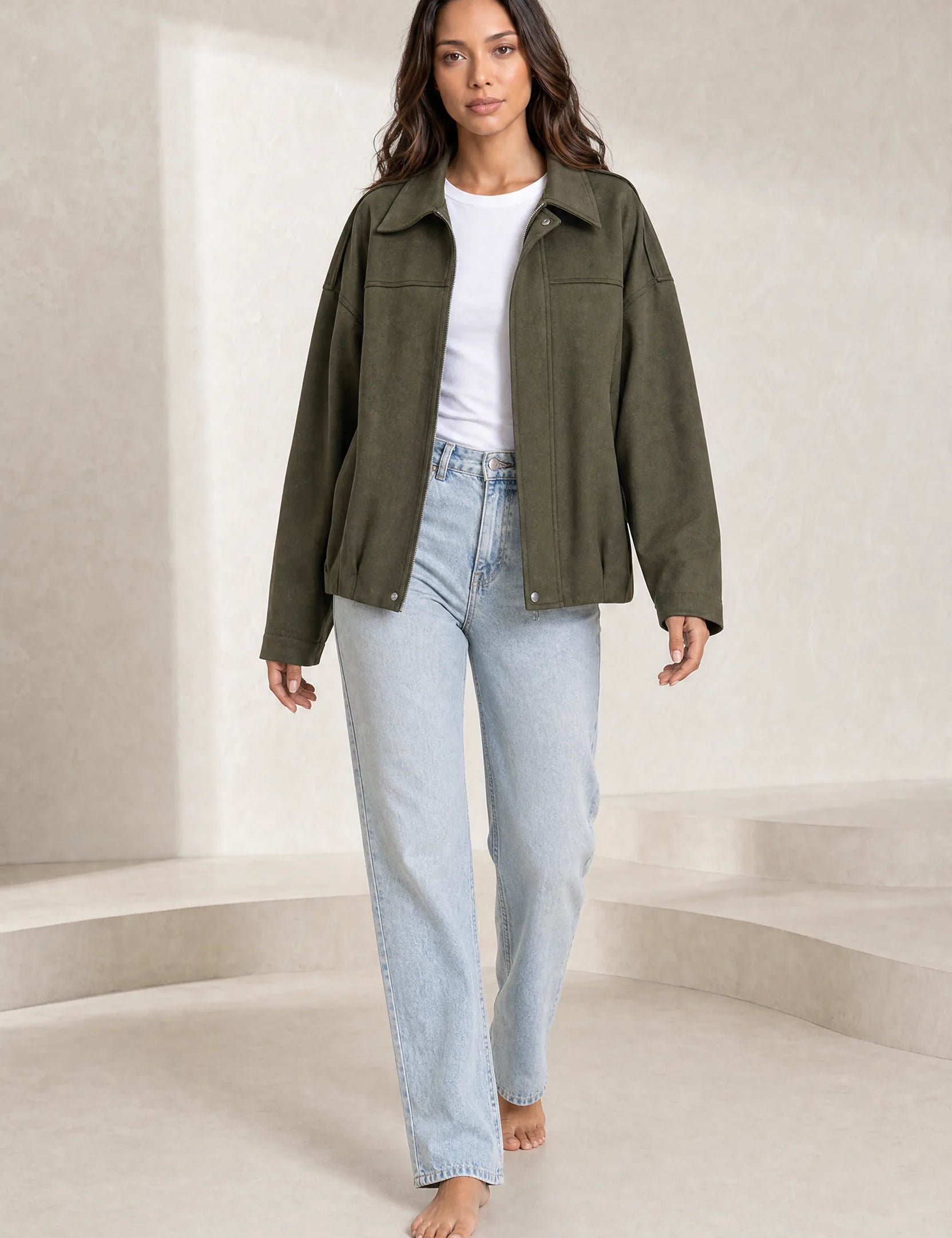 Veste ample vert armée col chemise | Lounelle Paris