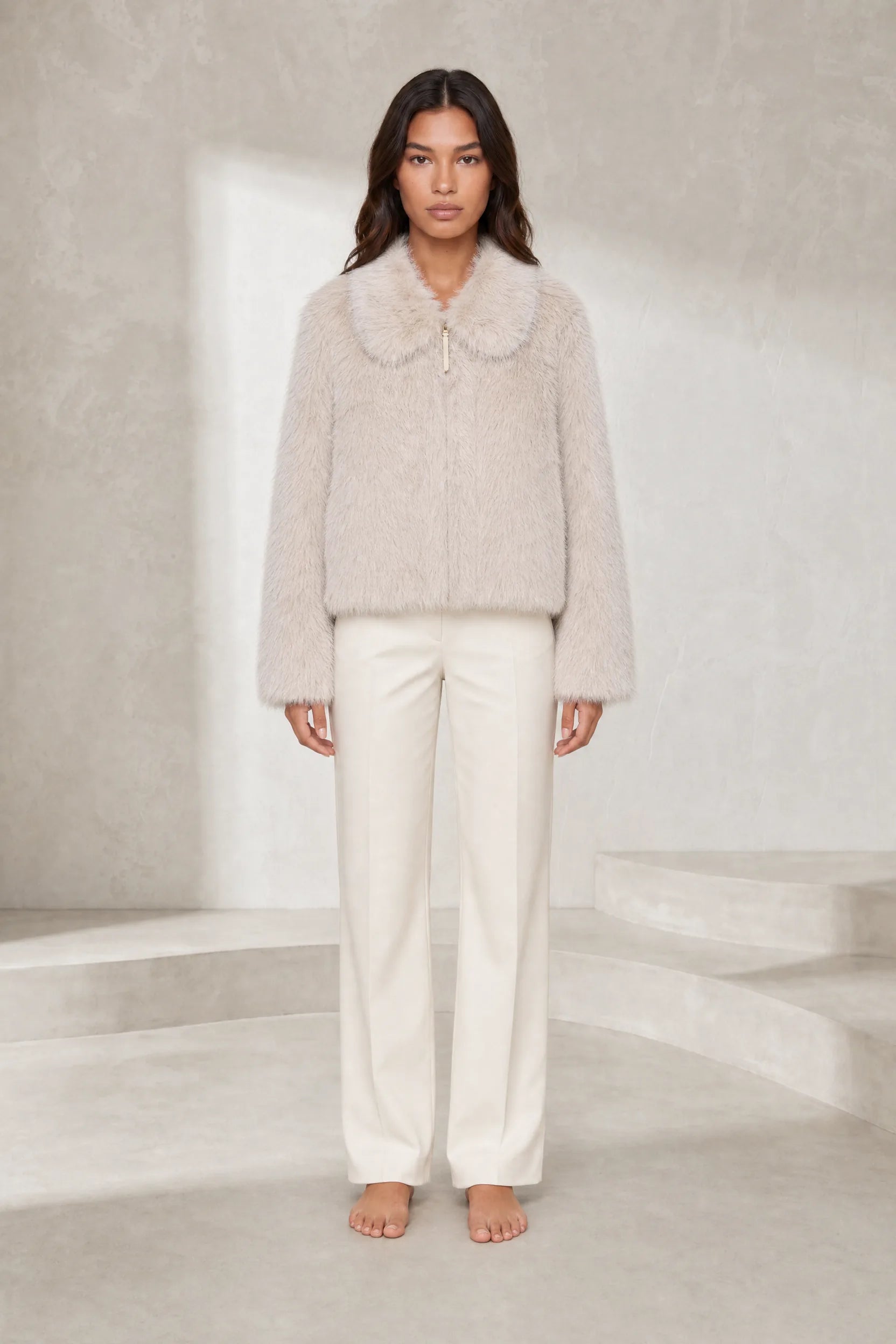 Veste beige effet fourrure col polo | Lounelle Paris