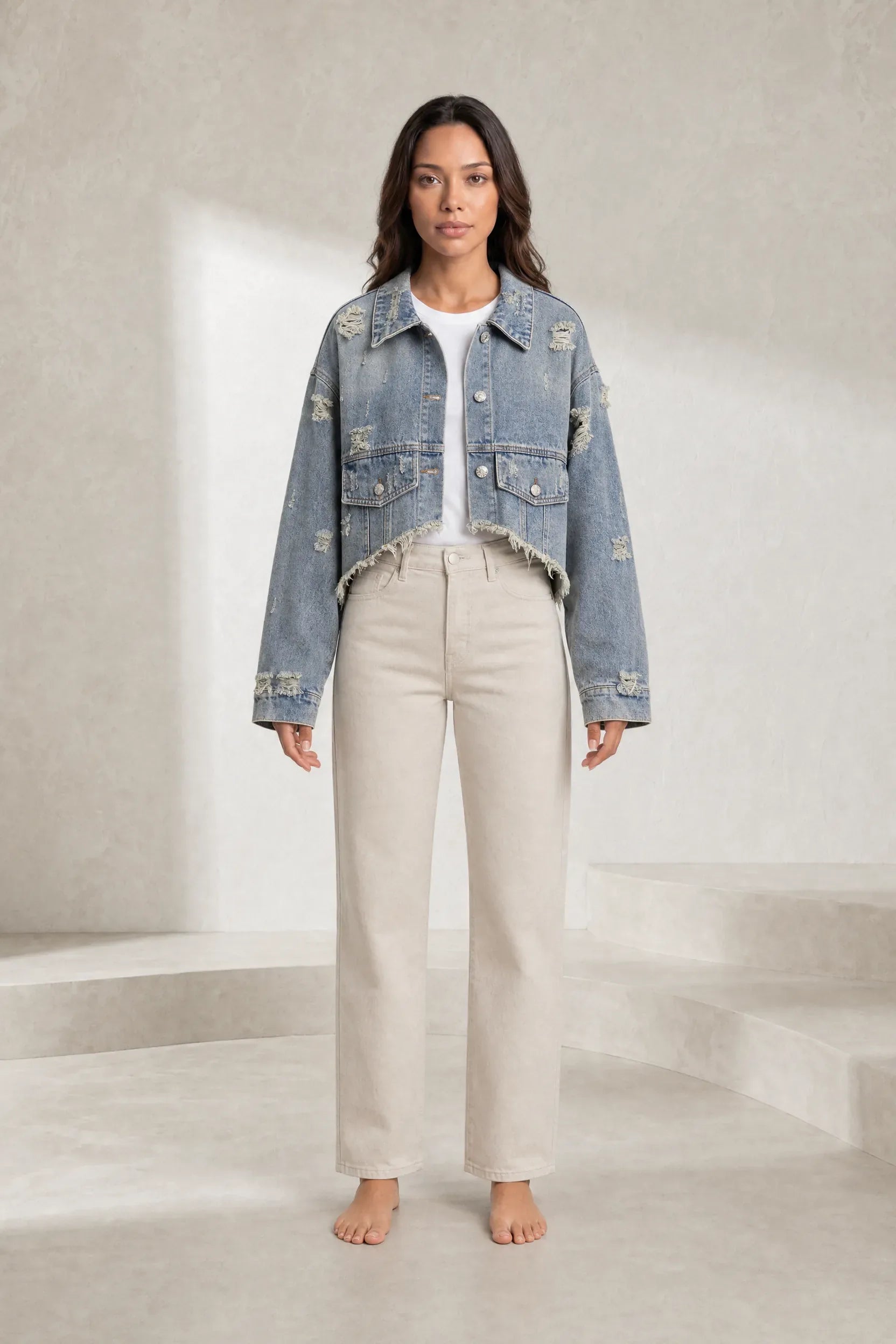Veste en jean bleu délavé courte | Lounelle Paris
