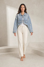 Veste en jean bleu délavé courte | Lounelle Paris