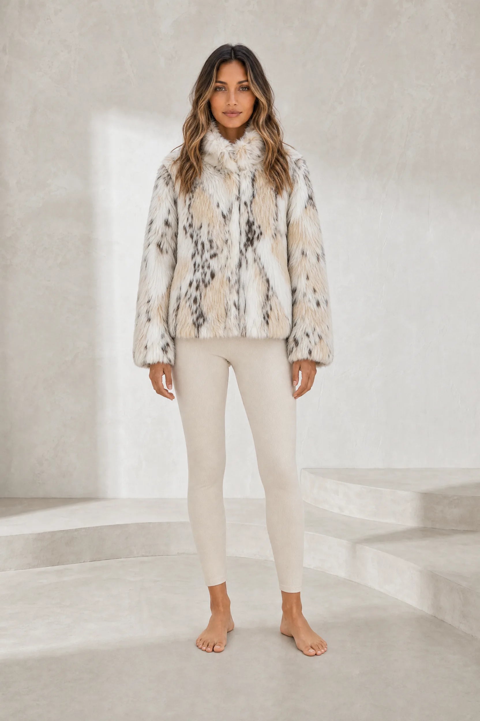 Veste fausse fourrure écru mouchetée | Lounelle Paris