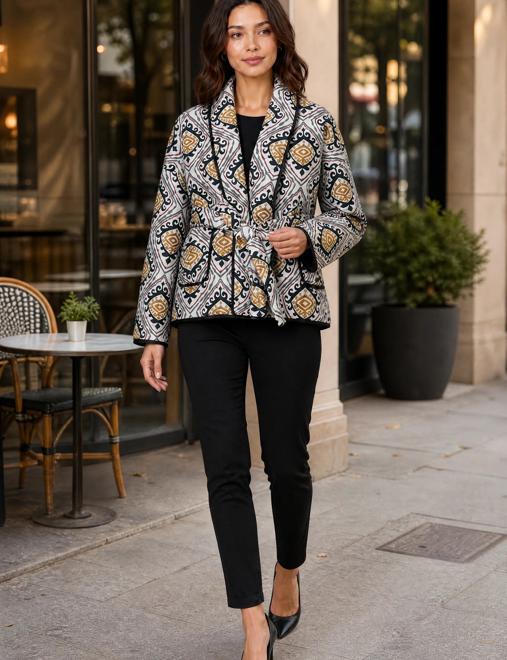 Veste matelassée à imprimé col châle | Photo lifestyle | Lounelle Paris