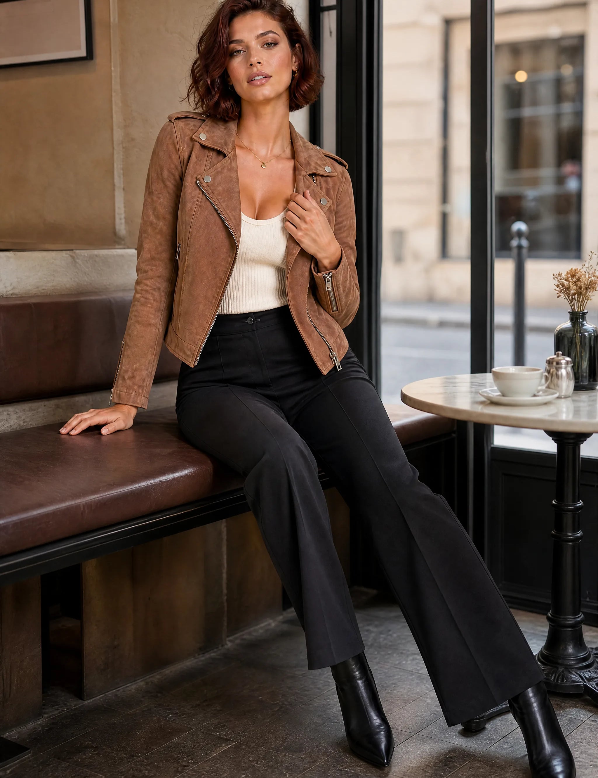 Veste motarde suéde zip asymétrique | Photo lifestyle | Lounelle Paris