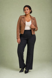 Veste motarde suéde zip asymétrique | Porté sur une autre silhouette | Lounelle Paris