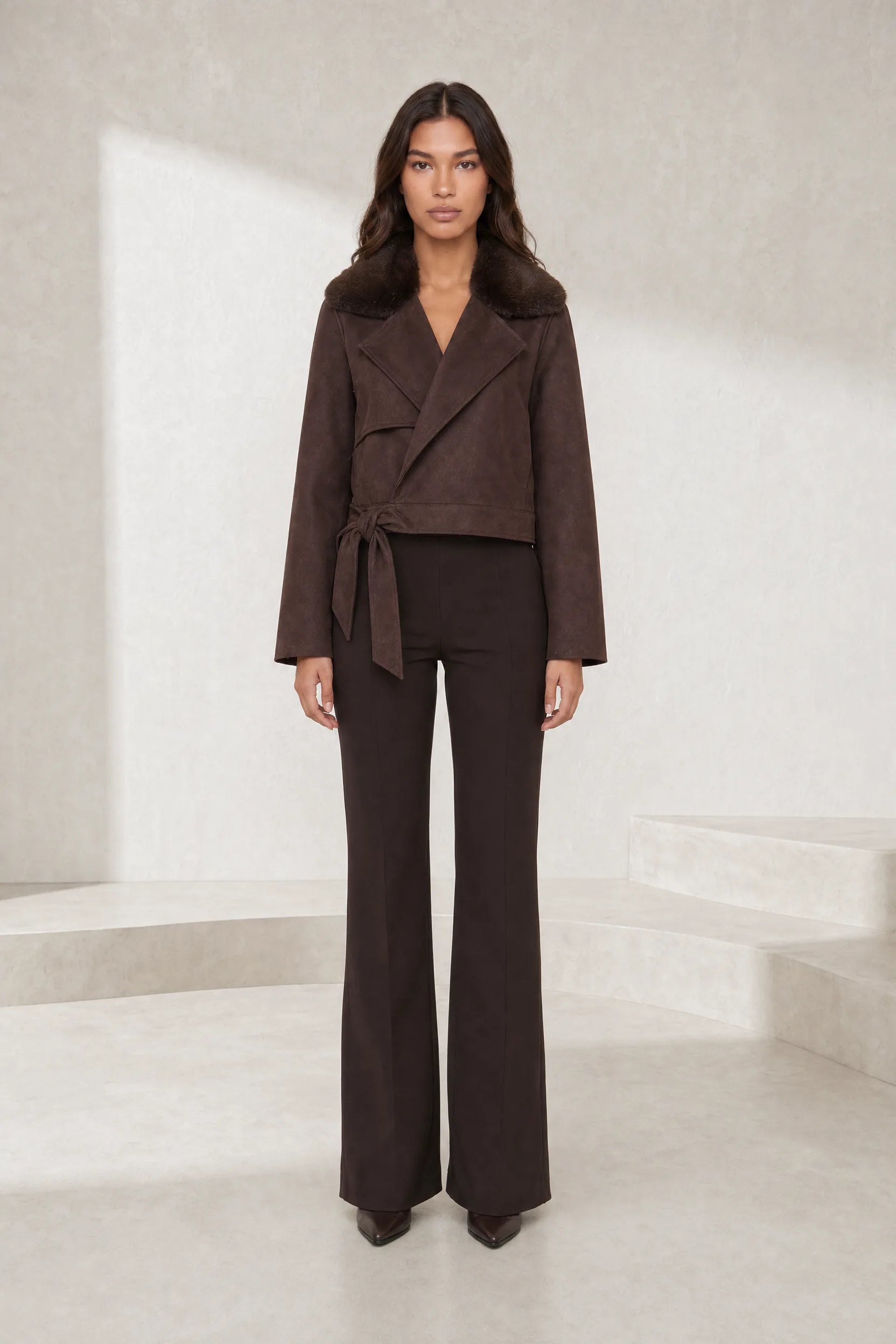 Veste suédine café col fourrure | Lounelle Paris