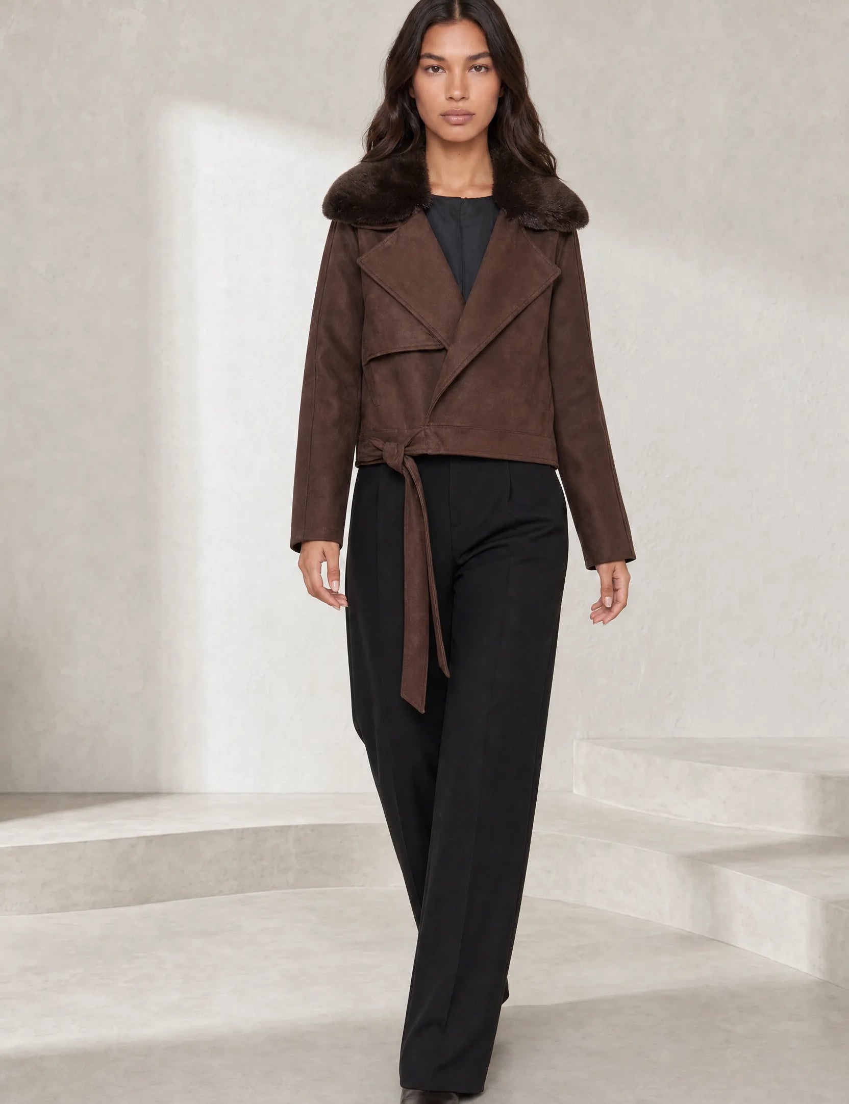 Veste suédine café col fourrure | Lounelle Paris